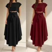 Fashion Two-piece Set Consist of Crop Top and Self-tie Midi Skirt