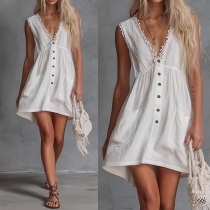 Fashion Lace Spliced V-neck Sleeveless Front Button Patch Pockets Mini Dress