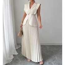 Fashion Two-piece Set Consist of Notch Lapel Sleeveless Vest and Pleated Maxi Skirt