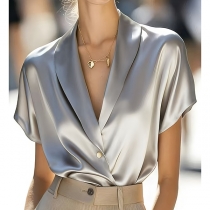 Fashion Lapel V-neck Short Sleeve Satin Shirt