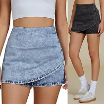 Fashion High-rise Ruched Irregular Hemline  Old-washed Denim Skorts