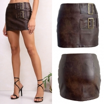 Fashion High-rise Side Buckle Artificial Leather PU Skirt