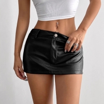 Fashion High-rise Artificial Leather PU Mini Skirt with Built-in Shorts