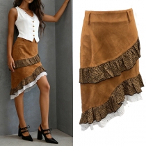 Fashion High-rise Leopard Printed Lace Spliced Faux Suede Skirt