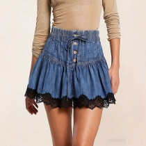 Fashion Drawstring Waist Front Button Smocked Waist Lace Spliced Hemline Denim Skirt