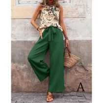Fashion Two-piece Set Consist of Floral Printed Top and Self-tie Straight-cut Pants