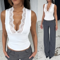 Fashion Lace Spliced V-neck Sleeveless Shirt