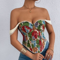 Vintage Floral Printed Lace Spliced Sweetheart Neckline Corset Top