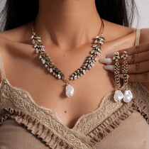 Women's Vintage Antique Gold Leaf Wheat Pearl Jewelry Set Statement Collar Necklace and Drop Earrings