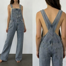 Fashion Square Neck Multi-pockets Straight-cut Old-washed Denim Jumpsuit