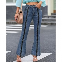 Street-fashion Front Zipper High-rise Old-washed Denim Jeans
