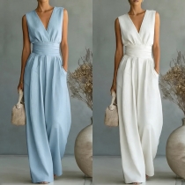 Fashion High-rise V-neck Sleeveless Wide-leg Jumpsuit