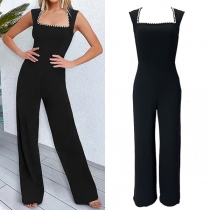 Fashion Beaded Square Neck Sleeveless High-rise Straight-cut Jumpsuit