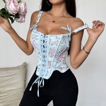 Fashion Floral Printed Bowknot Front Lace-up Corset Crop Top
