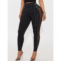 Sexy High-rise Gauze Spliced Skinny Pants with Eyelet Belt