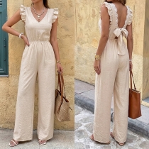 Fashion V-neck Ruffle Sleeveless Backless Bowknot High-rise Straight-cut Jumpsuit