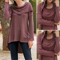 Fashion Solid Color Long Sleeve Hooded High-low Hem Tops