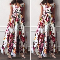 Elegant Short Sleeve V-neck Floral Print Maxi Dress