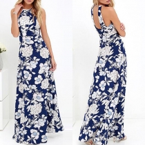 Sexy Backless Off-shoulder Sleeveless Printed Maxi Dress