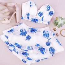 Sexy Strapless Tops + Skirt Floral Print Two-piece Set