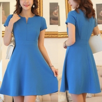 Elegant Solid Color V-neck Short Sleeve Dress