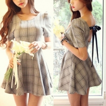 College Style Backless Bowknot Lace-up Short Sleeve Plaid Dress