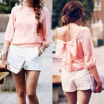 Sweet Bowknot Backless 3/4 Sleeve Solid Color Chiffon Tops