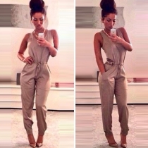 Fashion Solid Color Sleeveless Gathered Waist Jumpsuits