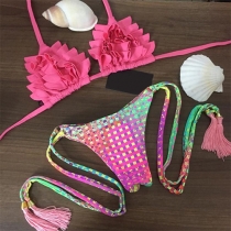 Sexy Multi-later flouncing Floral Print Halter Bikini Set 
