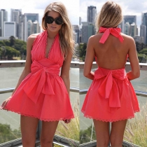 Sexy Deep V-neck Bowknot Backless Solid Color Halter Dress