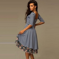 Fashion Half Sleeve Irregular Floral Print Hem Striped Dress