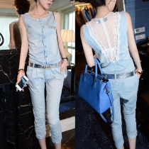 Sexy Backless Lace Spliced Pearls Round Neck Sleeveless Denim Jumpsuits