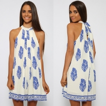 Fashion Tree Leaves Print Off-shoulder Halter Dress