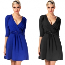 Elegant Solid Color Deep V-neck 3/4 Sleeve Dress