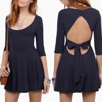Sexy Backless Bowknot Lace-up Half Sleeve Round Neck Dress