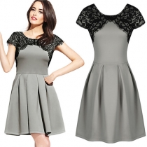 Fashion Lace Spliced Short Sleeve High Waist A-Line Dress