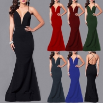 Sexy Backless Solid Color Floor-length Evening Dress