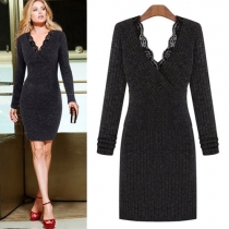 Fashion Lace Spliced V-neck Long Sleeve Slim Fit Knitted Dress