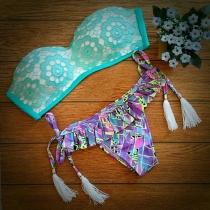 Sexy Lace Spliced Floral Print Bandeau Bikini Set