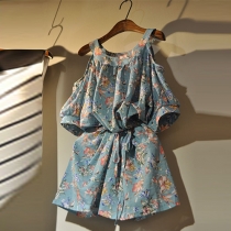 Sexy Off-shoulder Short Sleeve Gathered Waist Printed Dress