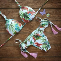 Sexy Leaves Floral Print Halter Bikini Set