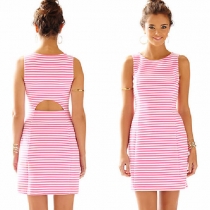 Fashion Sleeveless Round Neck Hollow Out Slim Fit Striped Dress
