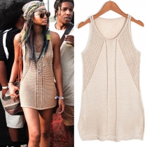 Fashion Solid Color Sleeveless Round Neck Knitted Beach Dress