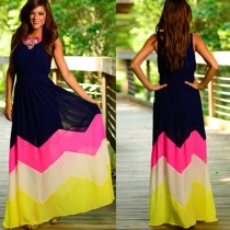 Fashion Contrast Color Sleeveless Round Neck Chiffon Maxi Dress