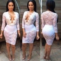 Sexy Deep V-neck See-through Lace Party Dress