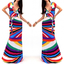 Fashion Short Sleeve Deep V-neck Colorful Striped Maxi Dress