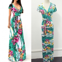 Fashion Floral Print Short Sleeve V-neck Maxi Dress
