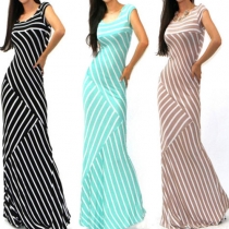 Fashion Sleeveless Round Neck Striped Maxi Dress