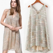 Fashion Sleeveless V-neck Loose Plaid Print Dress