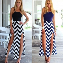 Sexy Backless Slit Hem Wave-stripe Swing Dress